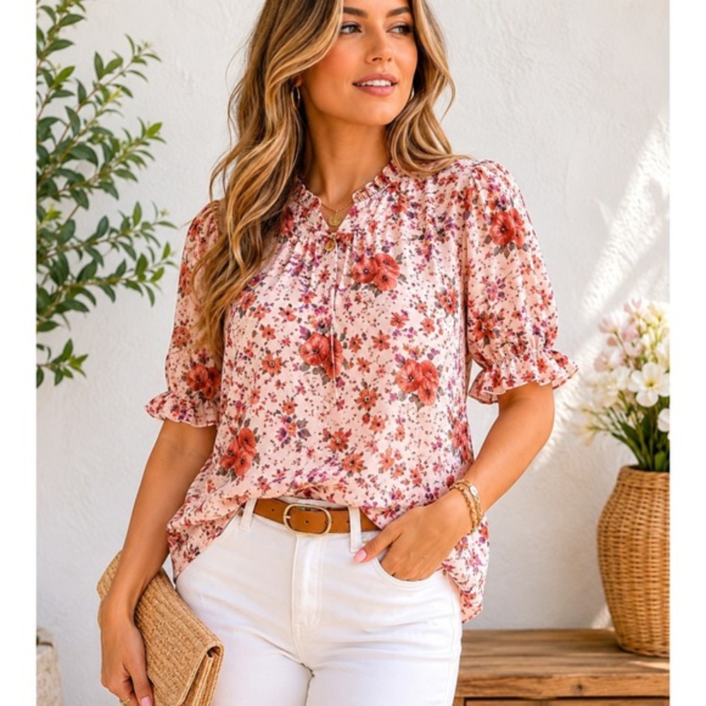 Poppi‎ Blouse Floral Rouched Sleeves Women's XL